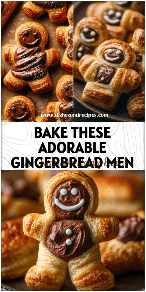 Golden Nutella Puff Pastry Gingerbread Men cookies filled with Nutella Spread on a festive tray.